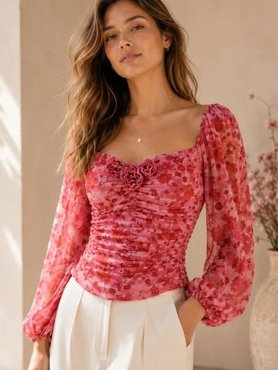 Free People Oh La La Floral Ruched Sweetheart Mesh Top Pink S