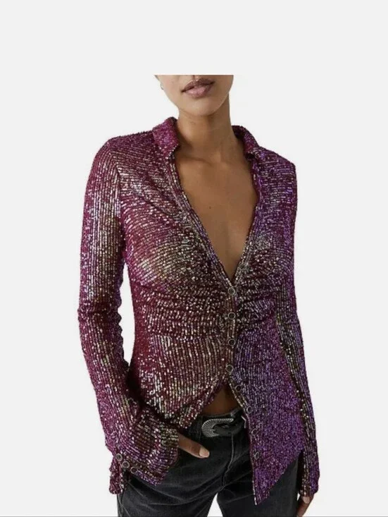 Free People Sequin Shirtee Top Dark Rhubarb Color Small Button Down Festival