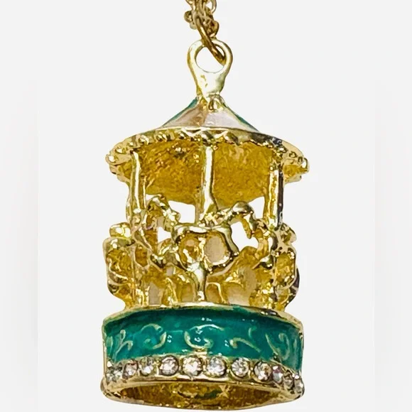 Gold and Teal Carousel Pendant‎ Necklace
