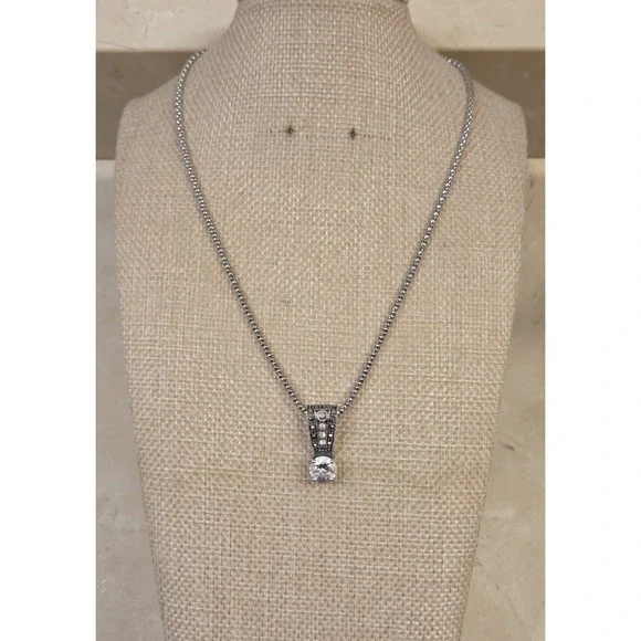 Vintage‎ Sterling Silver Marcasite & CZ Pendant 16