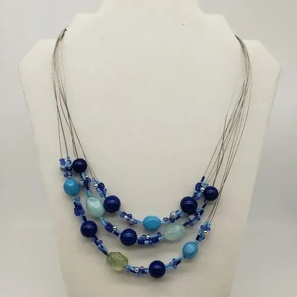 Blue Multilayered Wire Beaded Necklace with Adjustable Chain Closure