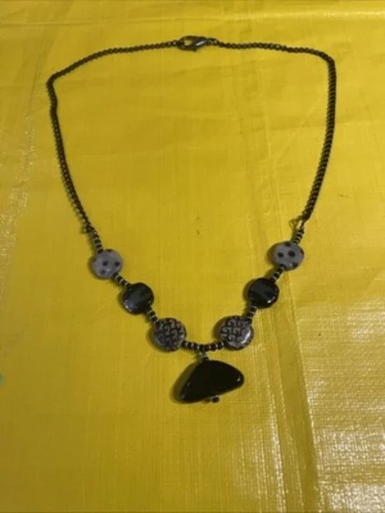 Vintage Boho Black Glass Ceramic Beaded Necklace Dark Metal Chain Stone Pendant