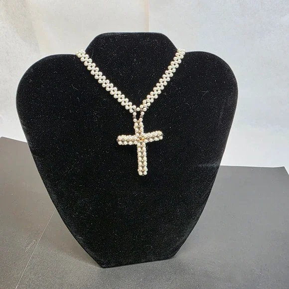 Woven Faux Pearl Seed Beaded Cross Pendant Necklace Cream Bronze