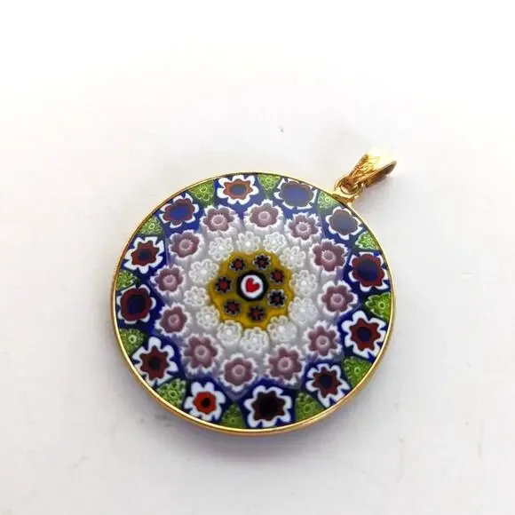 Vintage Signed AMV Murano Millefiori Art Glass 925 Sterling Vermeil Pendant