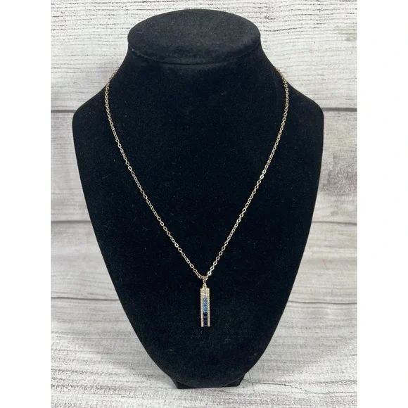 Vince Camuto‎ Gold Tone Blue Crystal Bar Pendant Necklace 20.5