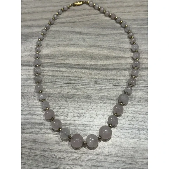Vintage Rose Quartz Beaded Necklace‎ Graduated Stones Gold Tone Spacer Box Clasp