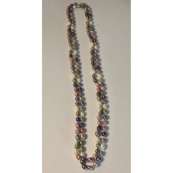 Vintage 30-inch Multicolor Freshwater Rice/Oval Pearl Necklace, Oval AAA Quality