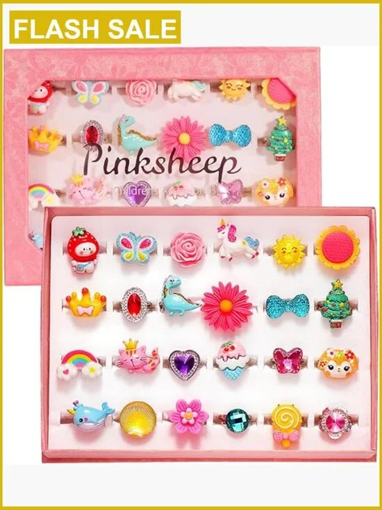24 Adjustable Dress Up Rings in Gift Box, Pretend Play Jewelry Set