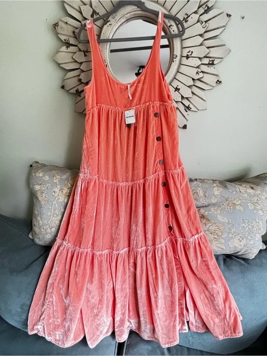 NWT Free People Velvet Tiered Maxi Dress Coral Peach Sleeveless Boho Sz Small