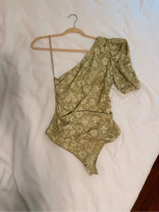 Free People Green Floral One-Shoulder Bodysuit