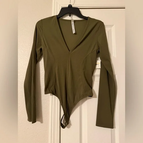 Free People Olive Green Deep V Long Sleeve Bodysuit
