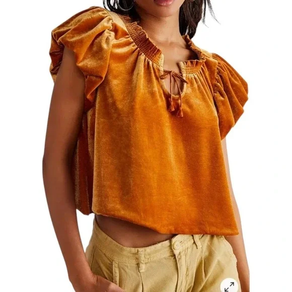 Free People Terese Velvet Top‎ Womens M Pumpkin Pie Puff Sleeve Tassel Tie Neck