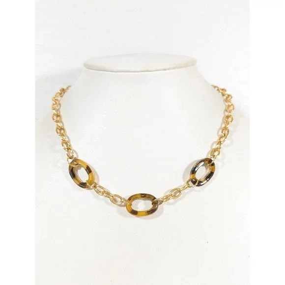 Gold‎ Tone Faux Tortoise Oval Link Necklace Retro Chain Layering 17.5in