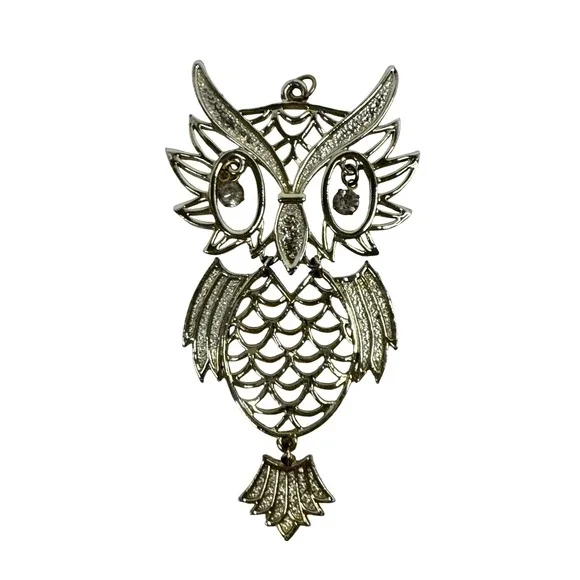 Gold Tone Articulated Owl Pendant Rhinestone Eyes Filigree‎ Statement Bird Boho
