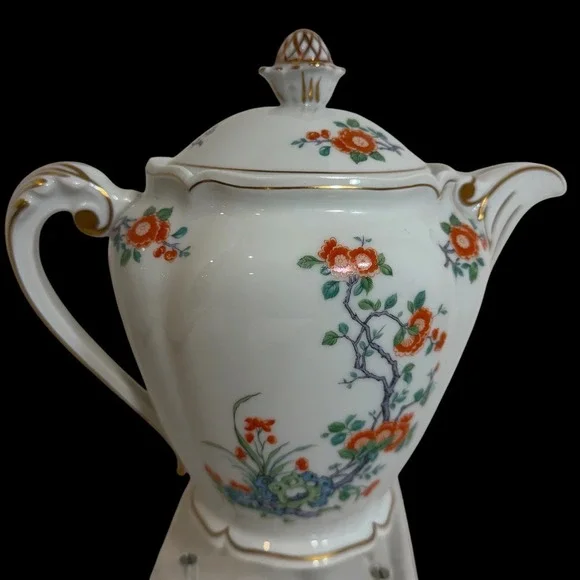 Royale Limoges France Orange-Tree Porcelain Teapot Towle Floral Gold Trim 8in