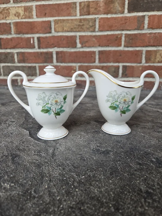 Vintage White Floral Silver Rose Porcelain Creamer and Sugar Set with Gold Trim