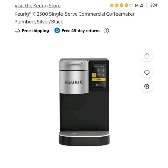 Keurig K-2500 Commercial Single Serve Coffee Maker Plumbed Silver Black K2500
