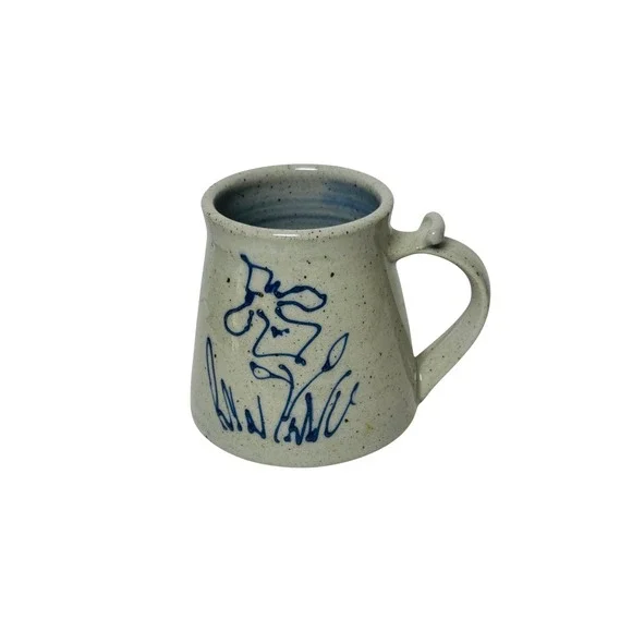 VINTAGE Studio Pottery Cobalt Blue Floral Stoneware Mug Thumb Rest