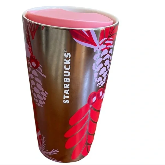 Starbucks Holiday 2021‎ Silver Red Pinecone Double Wall Ceramic Tumbler