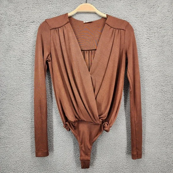 Intimately Free‎ People Brown Long Sleeve Plunging Neckline Ruched Bodysuit XS