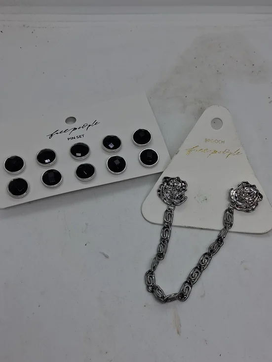 NWT Free People Black Rhinestone Pin Set & Silver Rose Chain Brooch