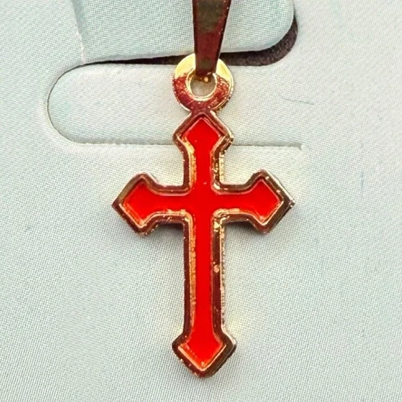Gold Tone Stainless Steel Red‎ Cross Pendant Necklace Religious Jewelry