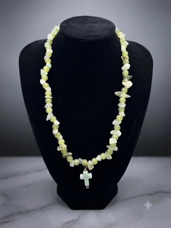 Green Gemstone Beaded Necklace with Cross Pendant
