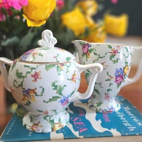 Vtg Windsor Erphila Petit Point Sugar Bowl Creamer Set West Germany Floral Gold