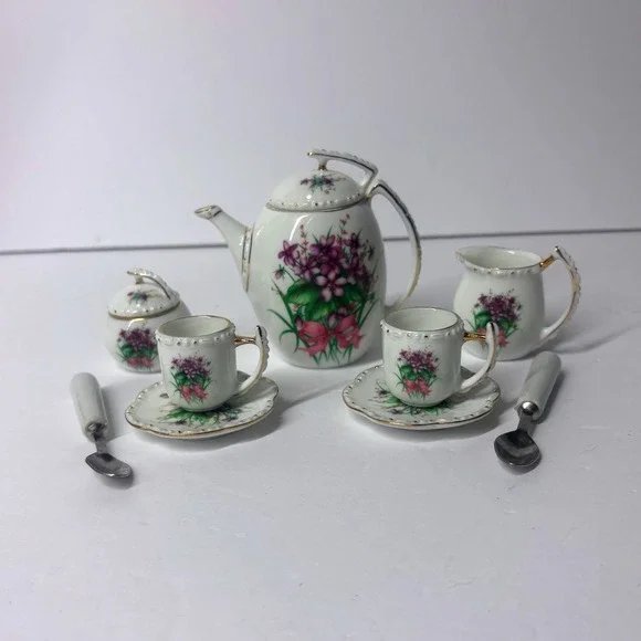 Miniature Porcelain Tea Set 11pc Purple Floral Gold Trim Teapot Cups Spoons