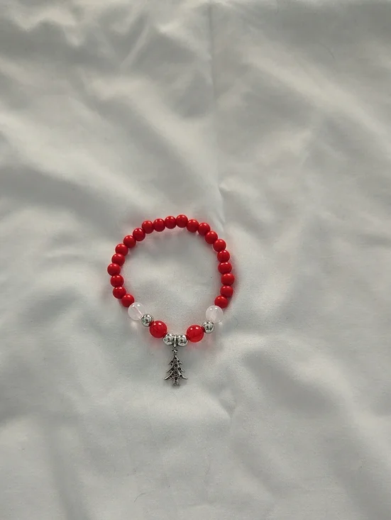 Red Beaded Bracelet with Silver Tree Charm