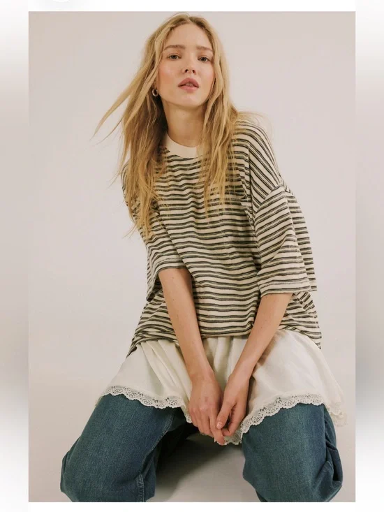 Free People NWOT All Love Striped Pocket Tee Size Small in Tea Combo