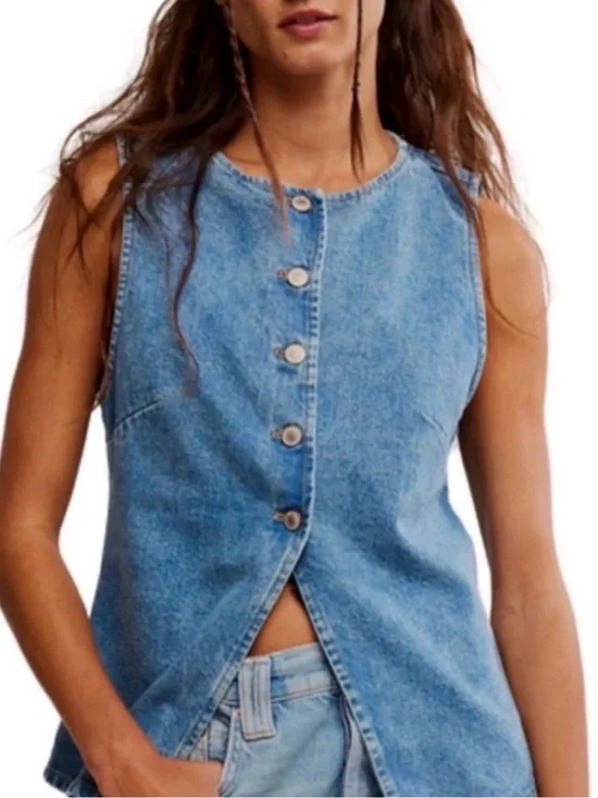 Free People Light Blue Denim Top