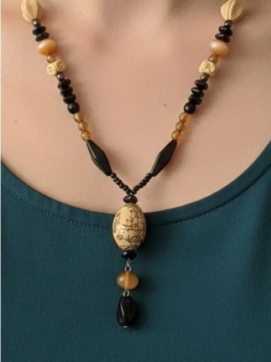 Jade MixedChinese Ping An Kou and Porcelain Handpainted Bead Necklace & Earrings