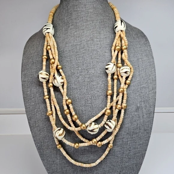 VINTAGE Wooden Animal Print Painted Beaded Statement Necklace