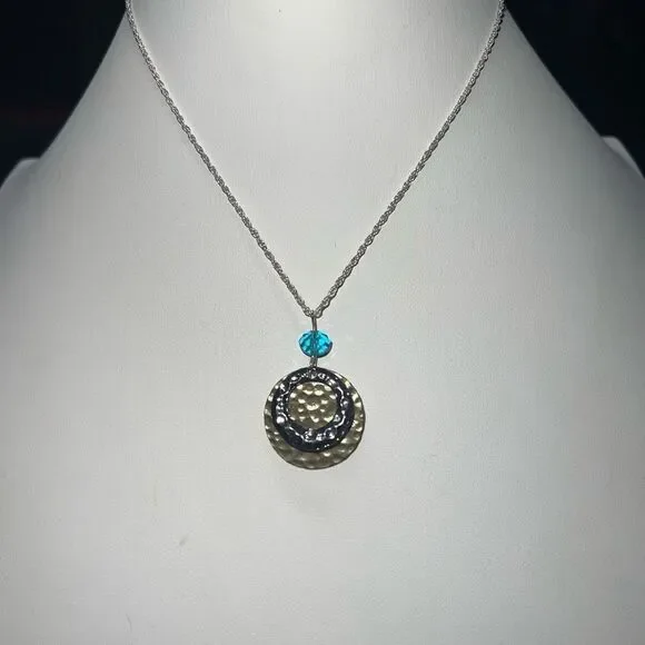 Silver and Gold Tone Hammered Disc Bead Charm Necklace