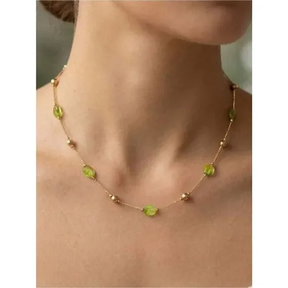 Gold Necklace with Lime Green Beads A1670