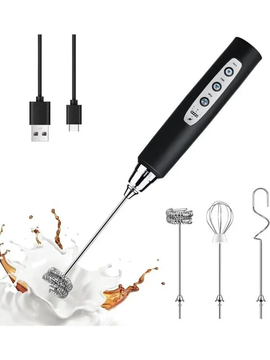 Rechargeable Black Handheld Milk Frother Wand - 3 Speeds, 3 Heads for Coffee