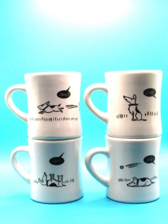 Bad Dogs White Diner-Style Mugs Set of 4 Excellent Condition Sit Stay Fetch Come