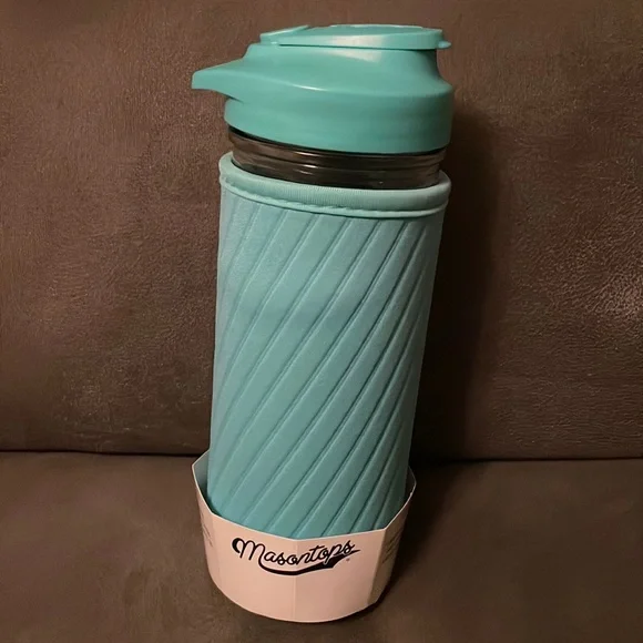 Masontops Mason Jar Hydration Kit Water Bottle Glass Tumbler Teal Neoprene Cover