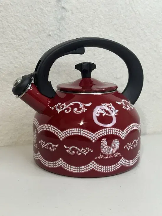 Temptations Tara Doodle Doo Red Enamel Steel Tea Kettle 2.3qt Country Farmhouse