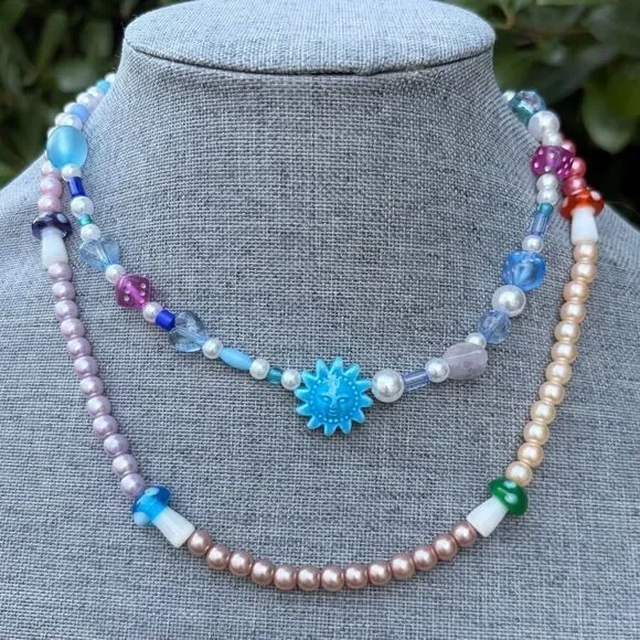Two (2) Urban Outfitters OU Layering Blue Mushroom Sundial Beaded Necklaces NWT