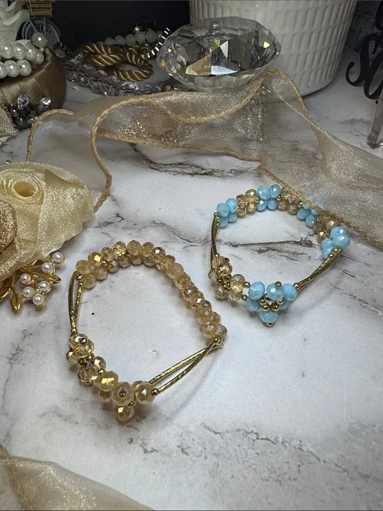 Beaded Flower Stretch Artisan Bracelets - Gold or Light Blue-Made in Mexico NWOT