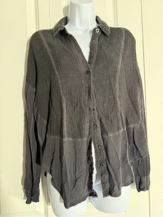 Free People Button-Down Gauze Shirt in Charcoal Gray