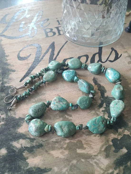 Vintage Southwestern Chunky Turquoise Nugget Necklace Sterling Silver Clasp 139g