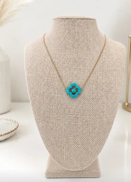 18K Plated Stainless Steel Faux Turrqouise Clover Bead Necklace New