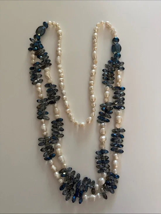 Pearl and Blue Crystal Graduated Necklace