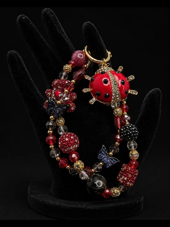 Red Ladybug Charm Statement Bracelet Necklace