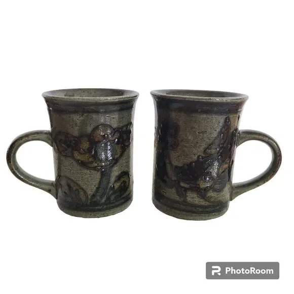 Vintage Handmade Brown Stoneware Glazed Pottery Coffee Mugs Tea Cups Eclectic