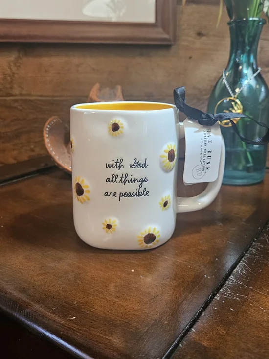 Rae Dunn White Mug with Yellow Sunflower Interior and Exterior