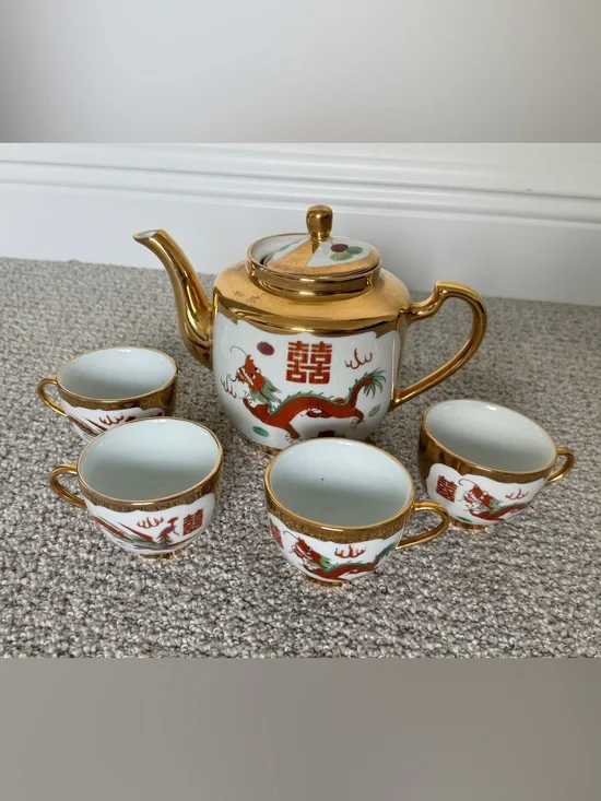 Gold-Trim Porcelain Dragon Tea Set